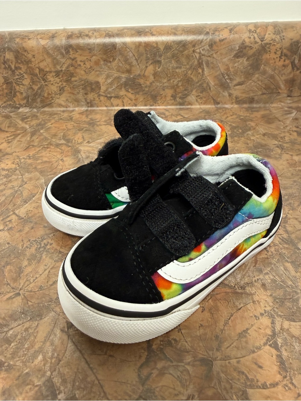 Vans Kids Black Sneakers with Rainbow Tie-Dye Detail Size Toddler 6